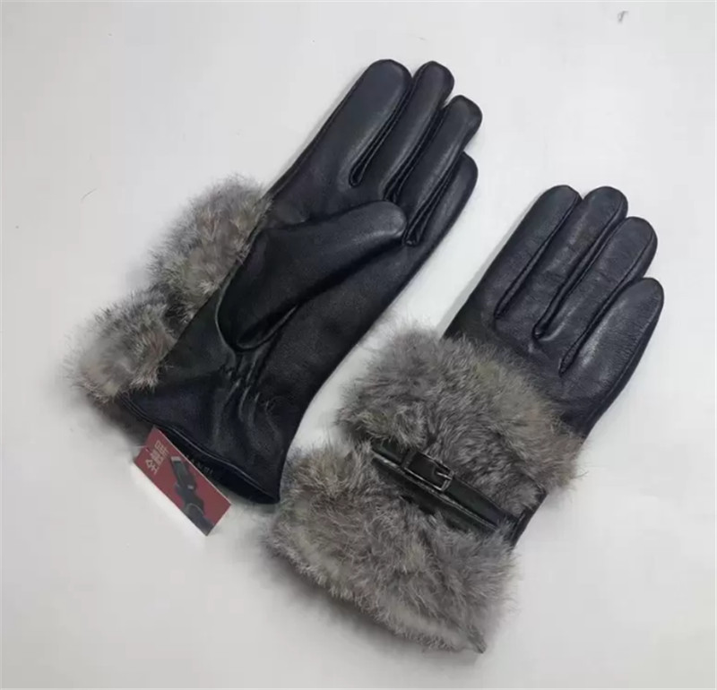 

2021 New Ladies leather Gloves Winter cycling warm rabbit hair fashion outdoor touch screen leather gloves