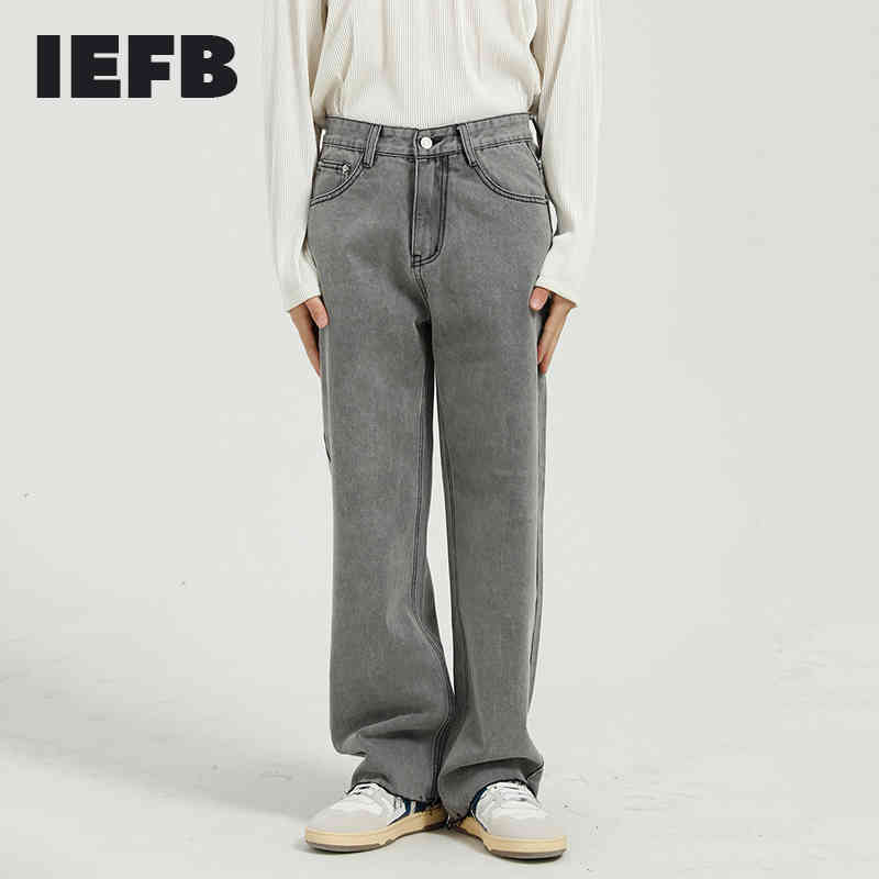 

IEFB Men' Wear Spring Black Jeans Korean Loose Straight Tube Light Grey Raw Edge Jeans For Men Straight Trousers Y5066 210524, Smudge