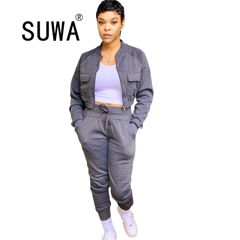 

Arrival Fashion Women Two Piece Outfits Solid Tracksuits Long Sleeve Zipper Jacket and Cargo Pants Matching Sets 210525, Gray