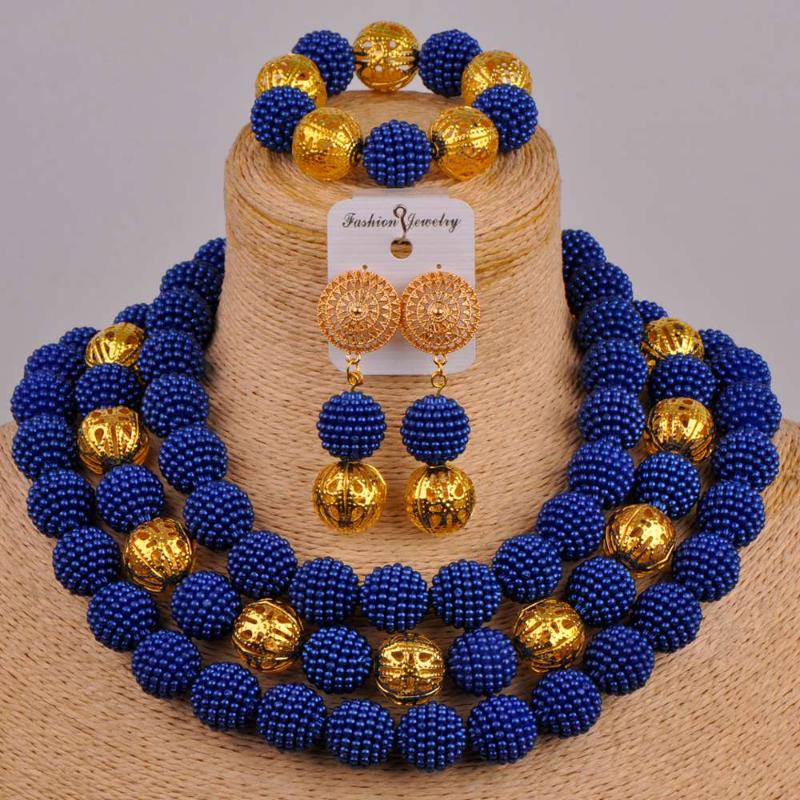 

Earrings & Necklace Imitation Pearl Beads Royal Blue African Jewelry Set Nigerian Party FZZ49, Silver