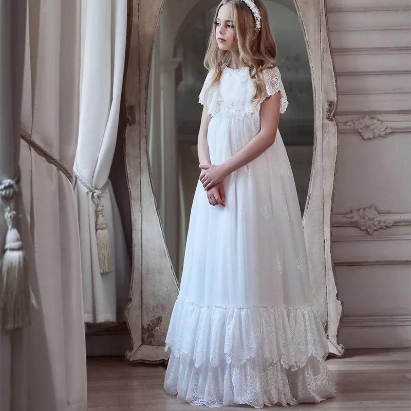 

Girl's Dresses Flower Girls White Lace 2021 Boho Children Junior Wedding Party Gowns Long Holy First Communion Dress, Beige
