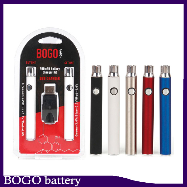 

BOGO Battery Preheat Double Pen Charger Blister Pack Kit Variable Voltage VV 400mAh Battery For 510 Thread Thick Oil Cartridges