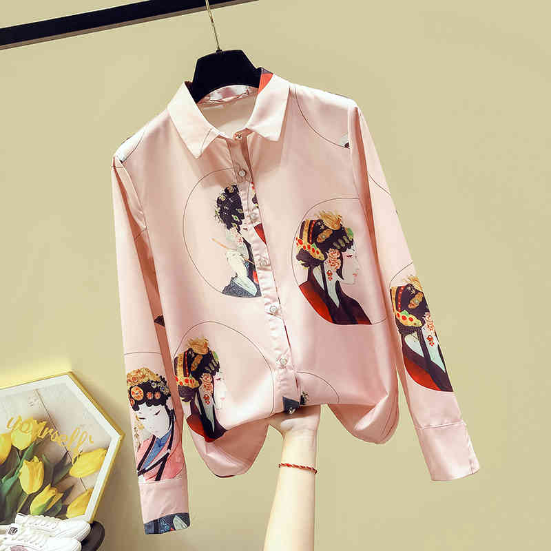 

Chinese Opera Character Print Women's Long Sleeves Turn Down Collar Shirt Autumn Ladies Shirts Female Blouse Tops A3486 210519, Beige