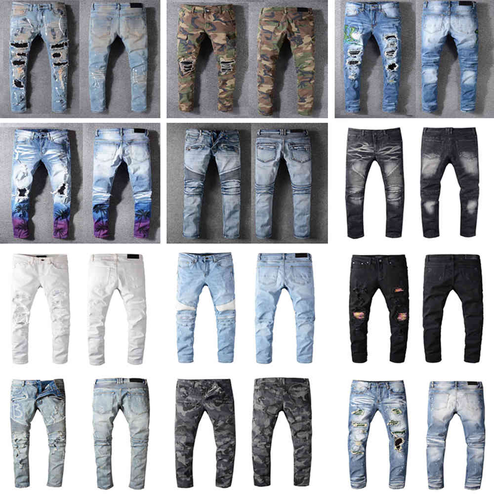 

Distressed France Fashion Pierre Straight Men's Biker Jeans Hole Stretch Denim Casual Jean Men Skinny Pants Elasticity Ripped Trousers, 22