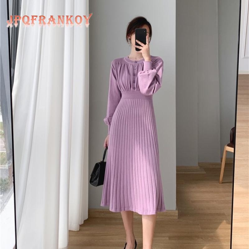 

Casual Dresses Autumn/Winter Korean Version Of Long Over-the-knee Sweater Skirt Lantern Sleeve Waist Temperament Commuter Knit Dress Woman, Black;gray