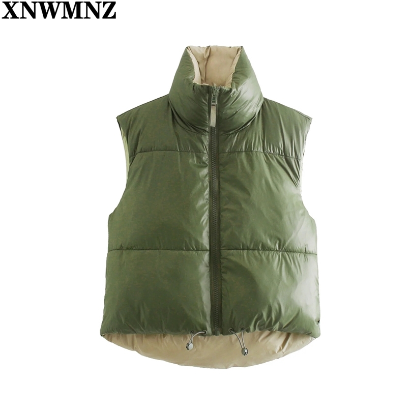 

Fashion Thick Warm Coat Women Vintage Pockets Drawstring Wear Both Positive Negative Sleeveless Cotton Vest Outerwear 210520, Green