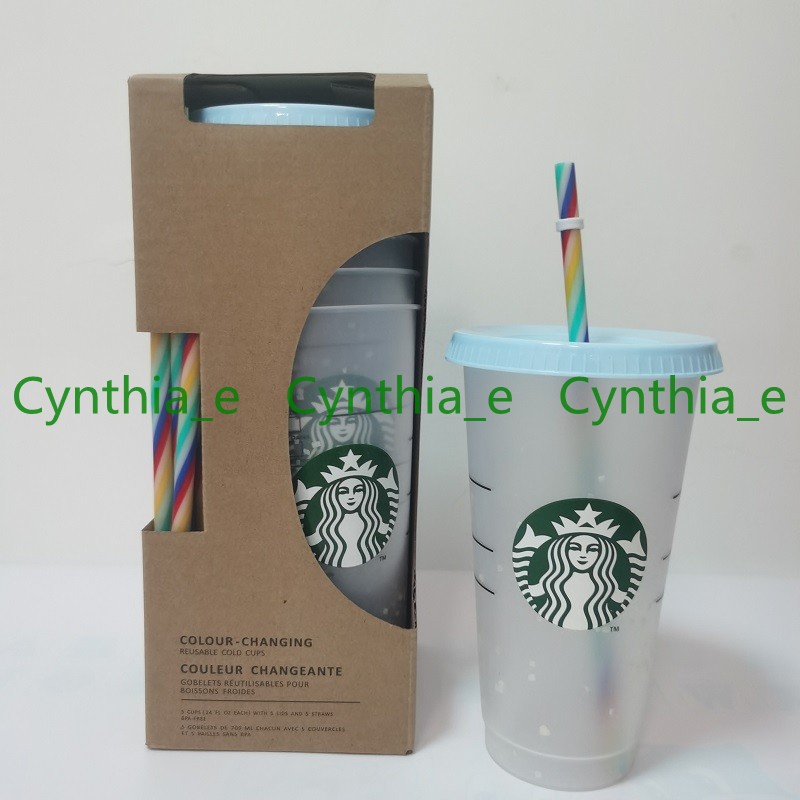 

5pcs 24OZ/710ml Starbucks Rainbow Plastic Tumbler Reusable Clear Drinking Flat Bottom Cup Pillar Shape Lid Straw Mug Bardian 50pcs