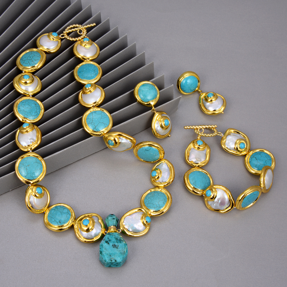 

GuaiGuai Jewelry Natural Cultured Baroque Coin Pearl Gold Color Plated Blue Turquoises Necklace Bracelet Earrings Set For Women, Light green