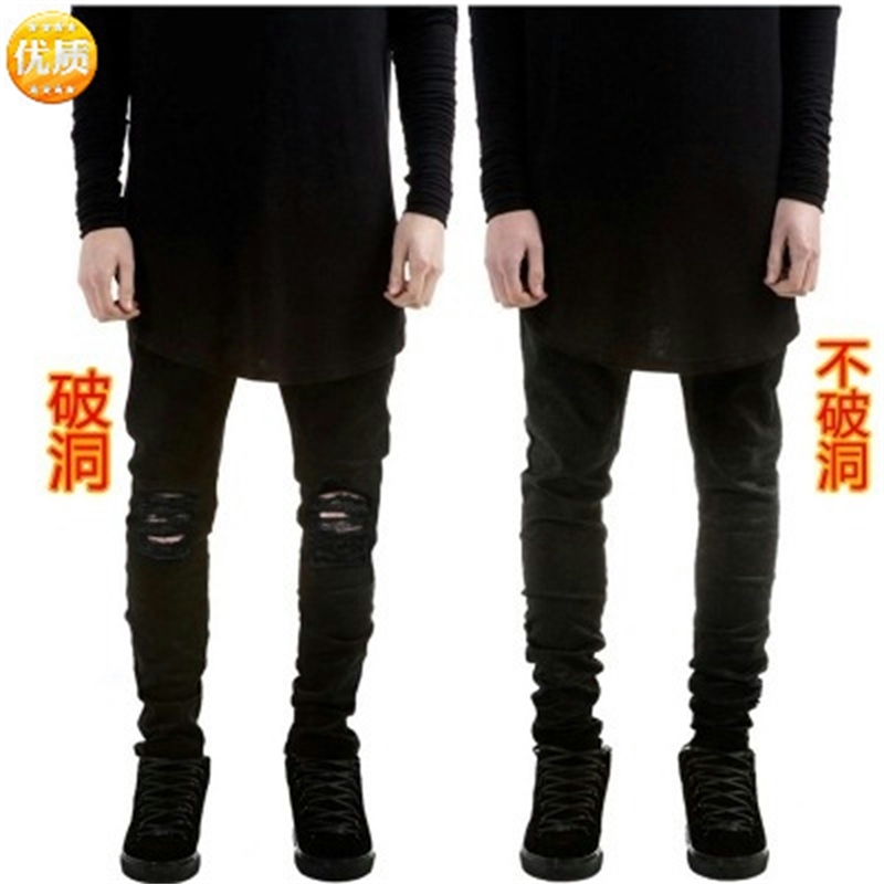 

jean fashion jeans spring and summer high street kanye wes knee big hole men's slim stretch boys' leggings, Blue