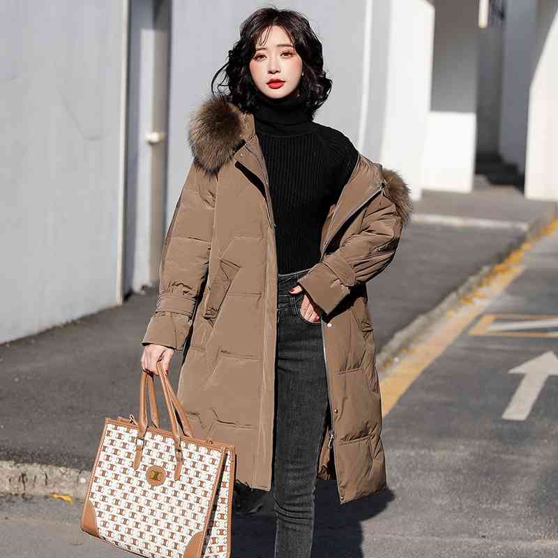 

Off season down jacket women' 2021 new medium and long style thickened high-end slim fit large wool collar winter coat trend, Black