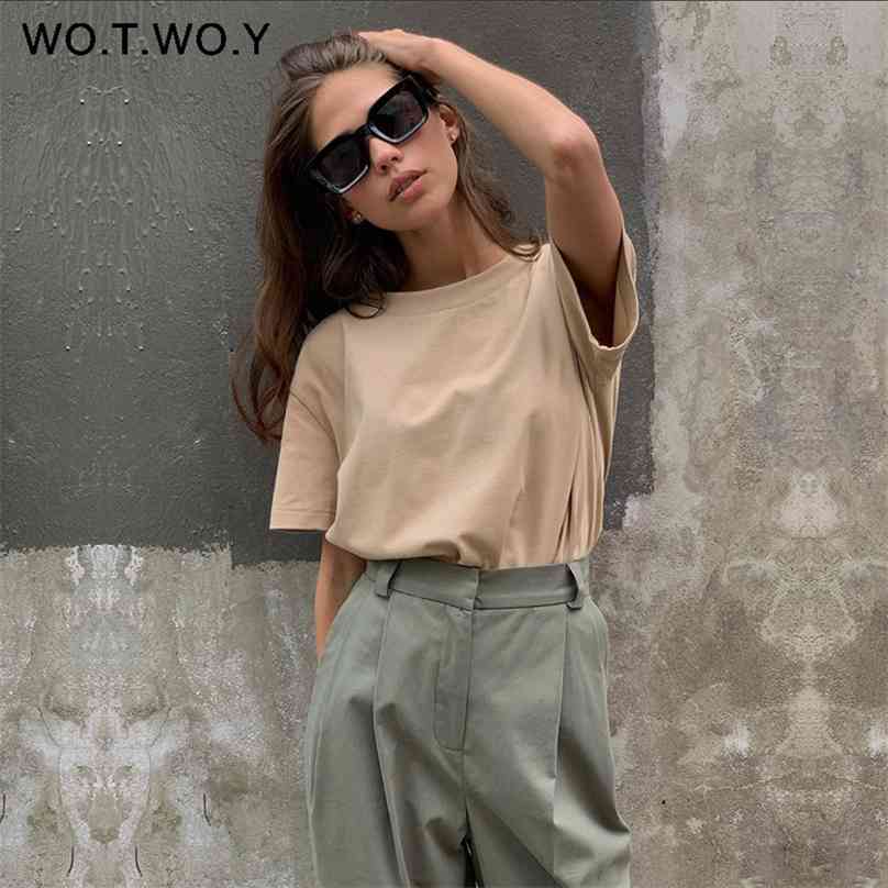 

WOTWOY Summer Knitted Basic Solid T-shirt Women Casual Cotton Short Sleeve Tee-Shirts Female Tops Fashion -XL 210720, Wt20022coffee