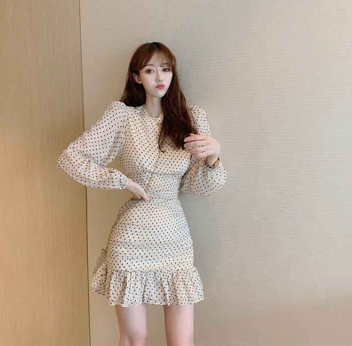 

Casual Dresses Women' Clothing Elegant Style Long Sleeve Bodycon Dress Women Fashion Vestidos Dot Ruffles Spring Autumn Robe Femme, Green