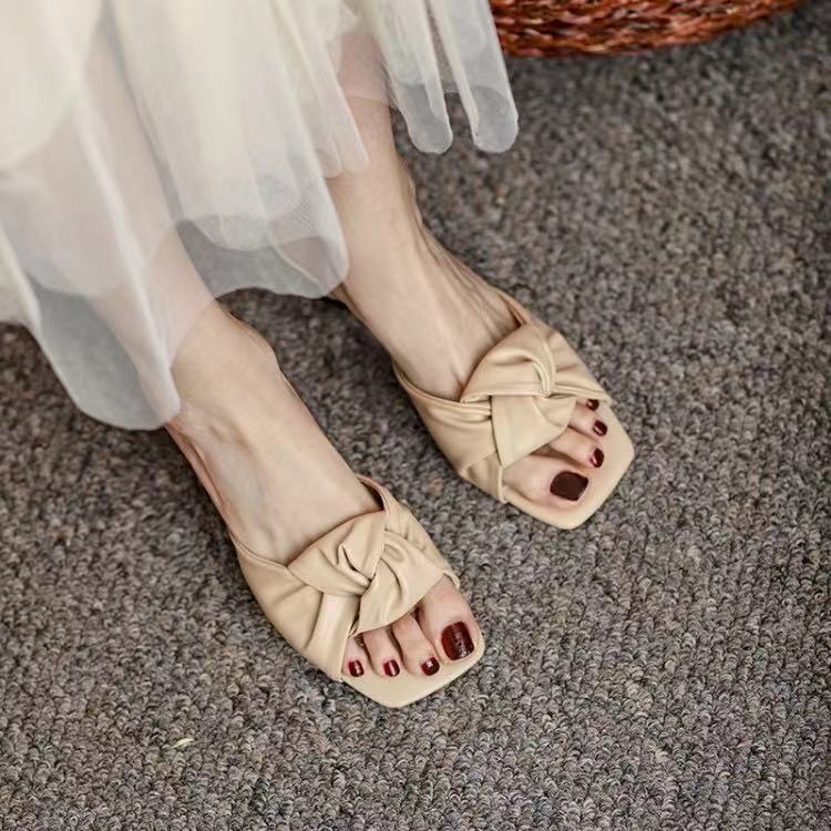 

stylishbox high quality! T21042301 BLACK BEIGE CALF SKIN sandals GENUINE LEATHER KNOT KITTEN HEELS SLIDES, Customize