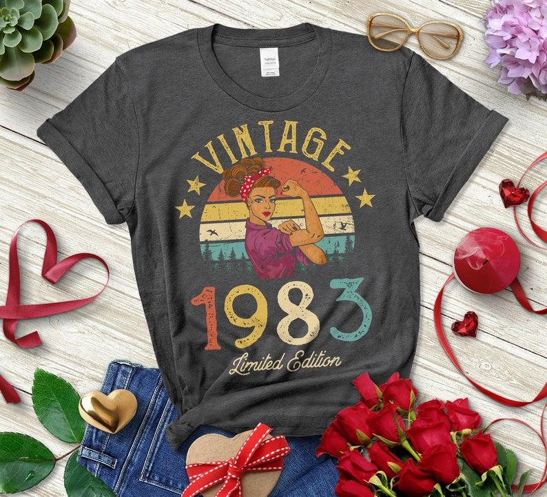 

Women' T-Shirt Vintage 1983 Limited Edition Retro Womens Shirt Funny 38th Birthday Gift Party Shirts Women Casual Short Sleeve Female, Black