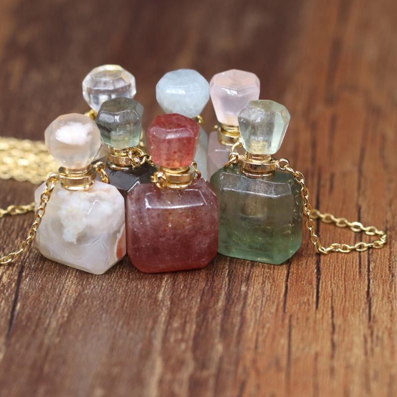 

Pendant Necklaces Natural Stone Perfume Bottle Necklace Rose Quartz Fluorite Charms Jewelry For Elegant Women Love Romantic Gift 20x33mm