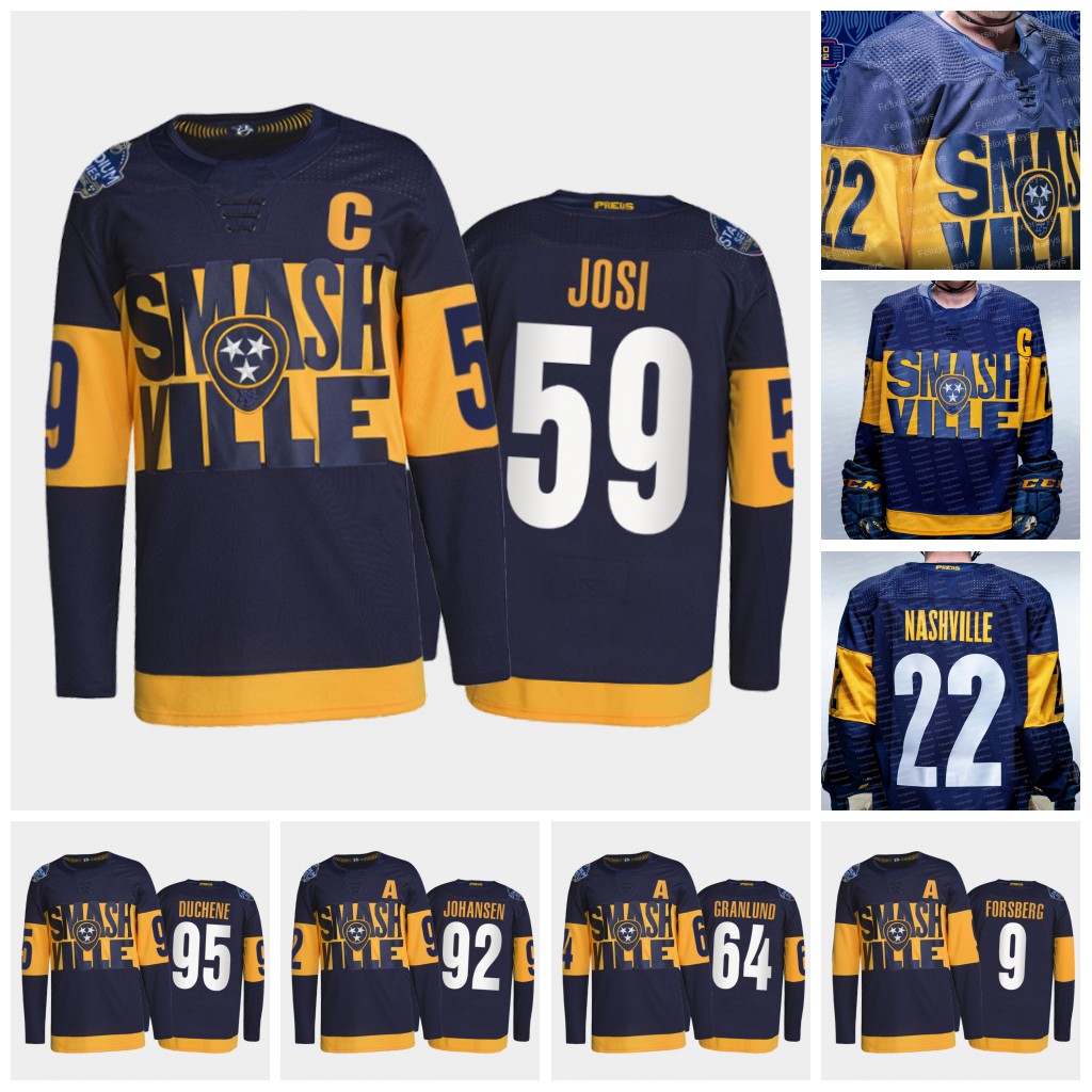 

64 Mikael Granlund Nashville Predators Smashville 2022 Stadium Series Hockey Jersey 95 Matt Duchene 59 Roman Josi 92 Ryan Johansen 9 Filip Forsberg