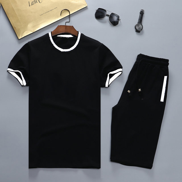 

Summer Running Tracksuits Classic Plaid Stitching Slim Fit Suit Fashion Printed T shirts Pants Suits 2pcs Beach Sportswear, Gray