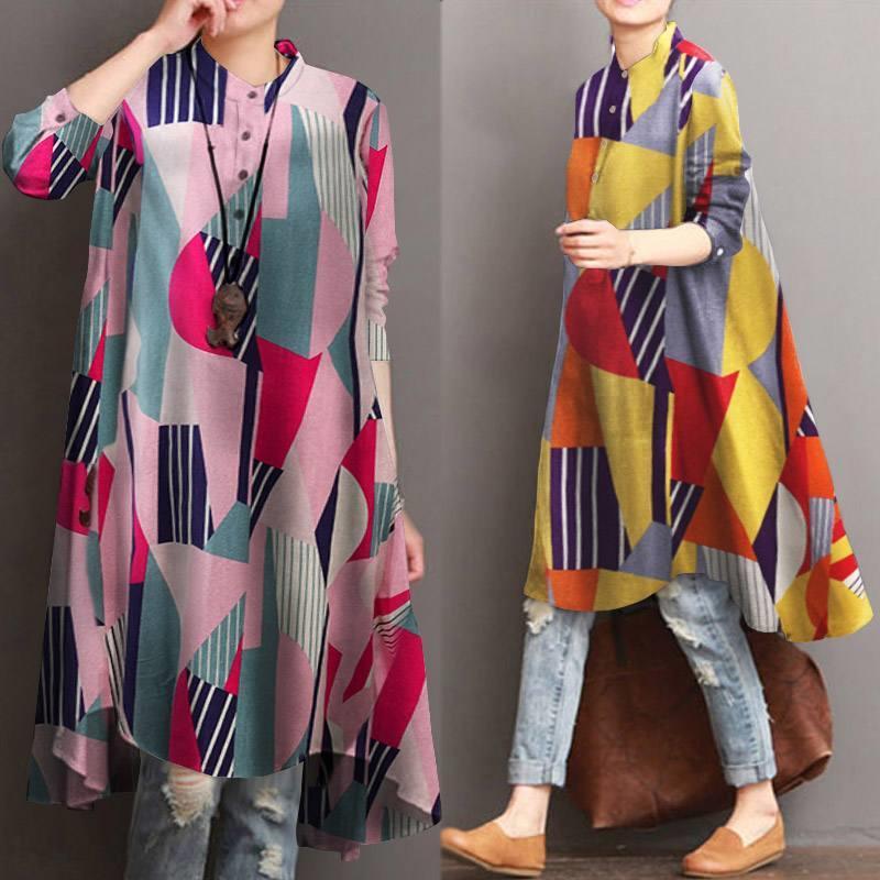 

Kaftan Womens Blouses Irregular Blouse Zanzea Autumn Printed Long Shirts Casual Sleeve Blusas Female Button Plus Size Top 5Xl, White