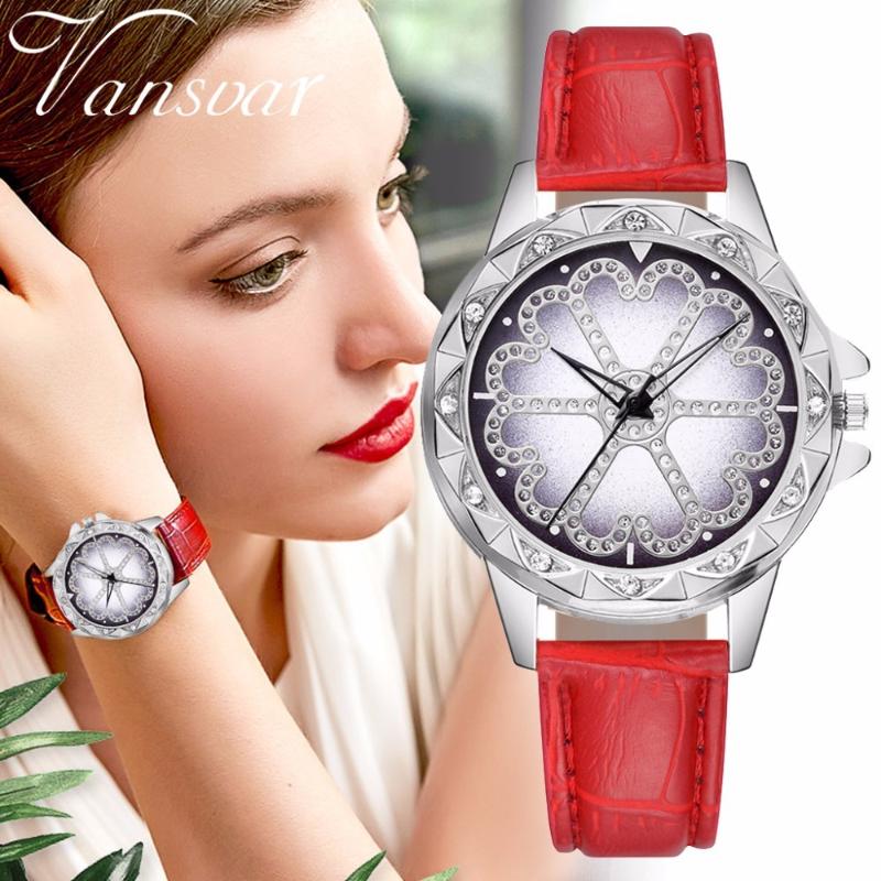

Wristwatches Vansvar Brand Fashion Silver Watch Leather Women Lucky Flower Rhinestone Luxury Female Quartz Relogio Feminino, White