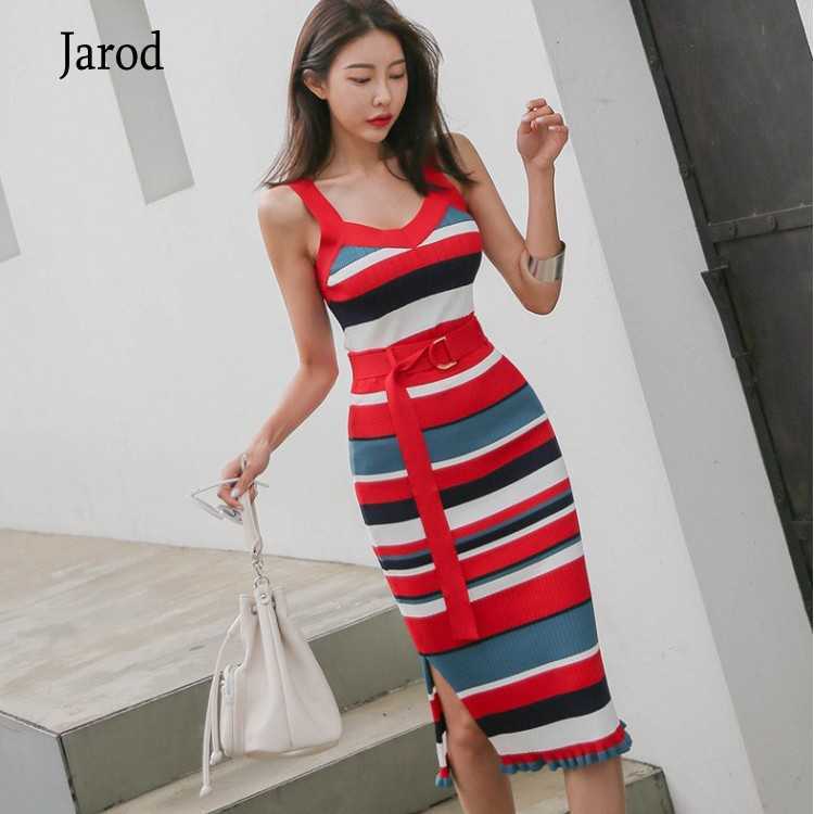 

Summer Women's Colorful Striped Knitted Suit Spaghetti straps Sweater Vest Crop Top + pencil Skirt Two-piece Set 210526