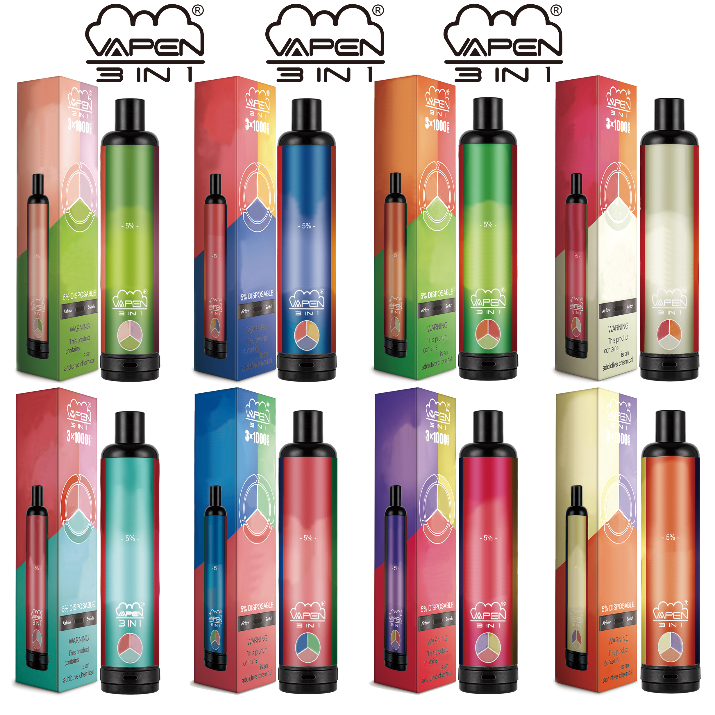 

VAPEN 3 IN 1 3000 PUFFs Disposable electronic cigaretteVape Pen e Cigarette 1400mAh 8 combinations Colors available Airflow Vaporizer Pre-Fi