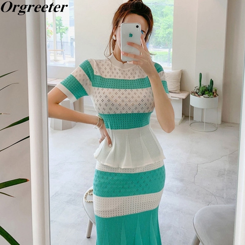 

Hollow out Green White Stripe Knitted Two Piece Set Women Short Sleeve Blouse Top and High Waist Mid Mermaid Skirt Outfits 210525, Picture color