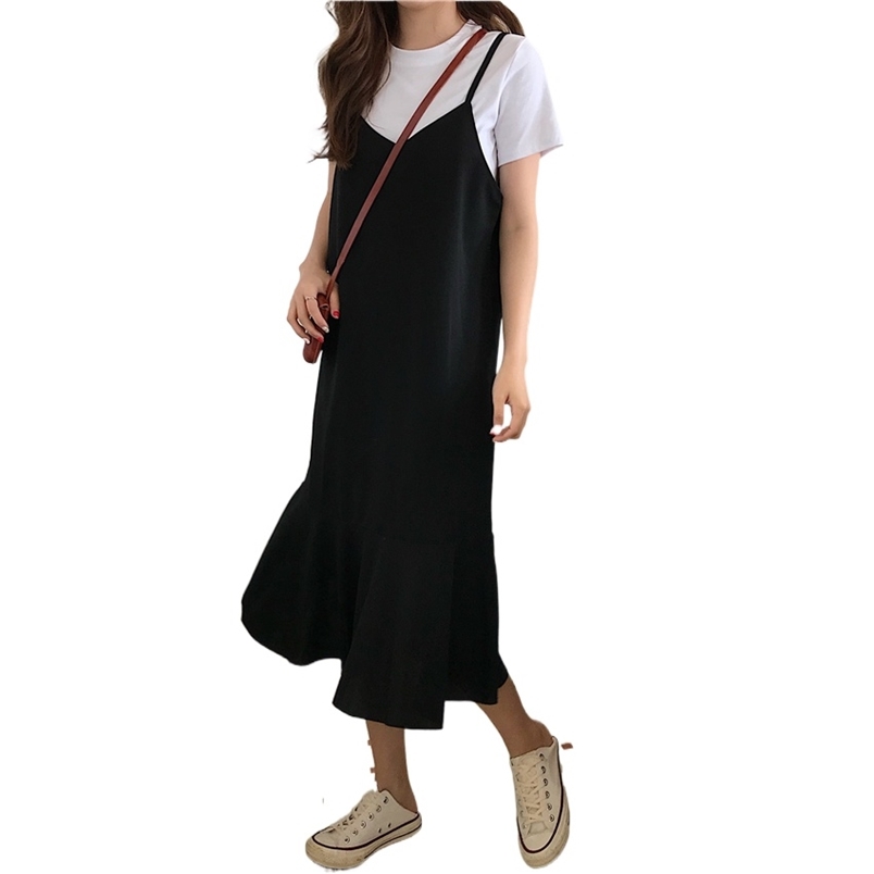 

French Style Black Spaghetti Strap Fishtail Dress Summer Sexy V-neck Backless Loose High Street Sling Women Birthday 210604
