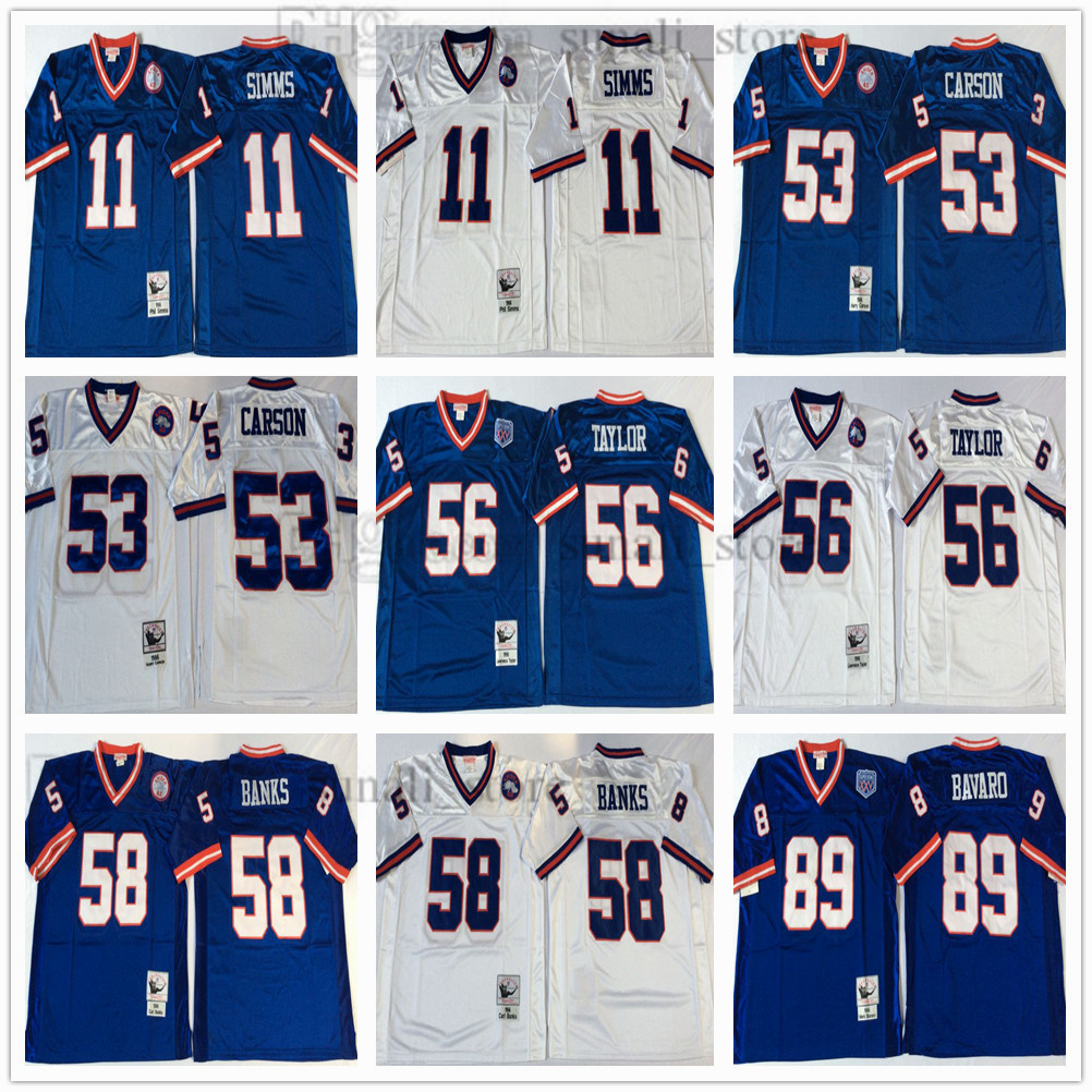 

NCAA Football 11 Phil Simms Jerseys 53 Harry Carson 56 Lawrence Taylor 58 Carl Banks 89 Mark Bavaro Team Blue White Men Vintage All Stitched