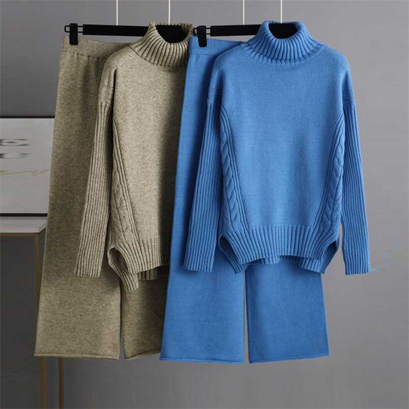 

Women's Knitted Sweaters Suit With Trousers Turtleneck Sets Thick Wide leg Pants Turtlenecks Winter Female Casual Loose Set 211109, 03 apricot