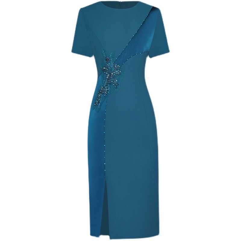 

HIGH QUALITY est Runway Fashion Summer Short Sleeve Diamonds Beaded Dress 210526, Pink