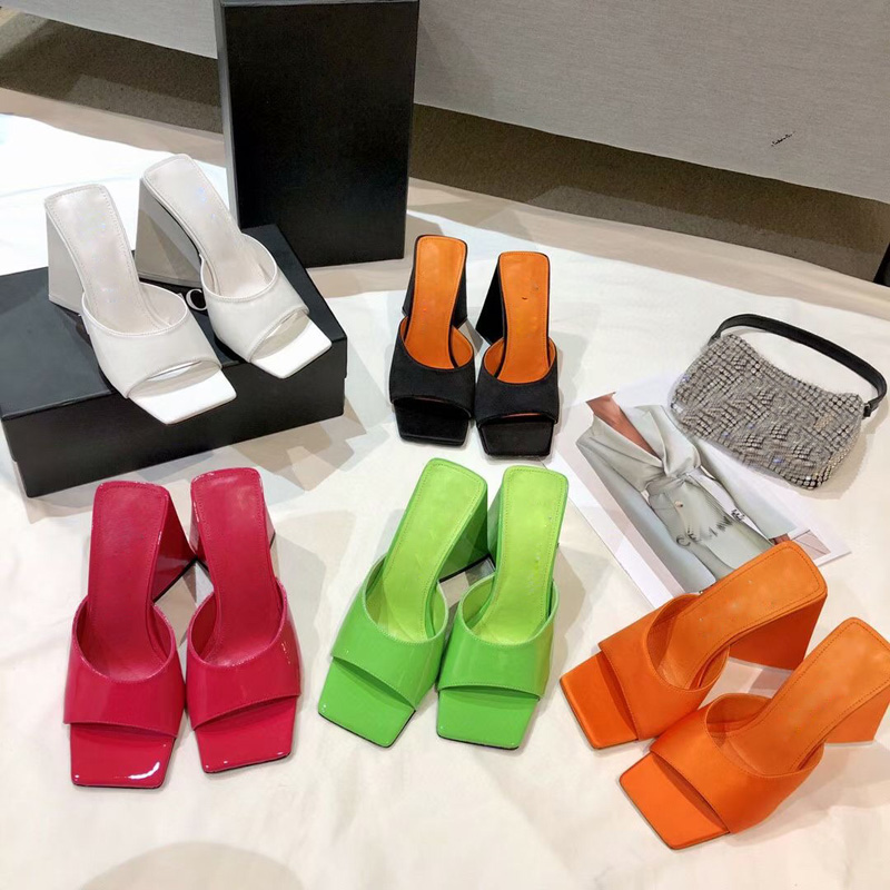 

white silk square toes slippers chunky heels mini luxury designers slides summer shoes 10cm high heel women sandals ladies sandal heeled slide factory footwear shoe, Black