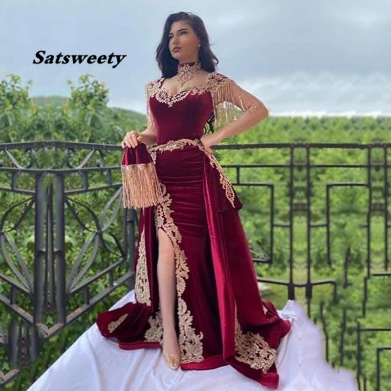 

Arabic Mermaid Velvet Evening Dress 4 Pieces Overskirt Split Applique Lace Prom Gowns High Neck Tassel Algerian Outfit, Light sky blue