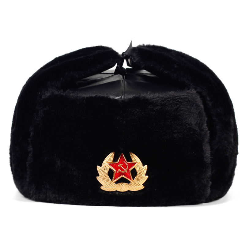

Soviet Army Military Badge Russia Ushanka Bomber Hats Pilot Trapper trooper Hat Winter Faux Rabbit Fur Earflap Men Snow Caps, Black brown