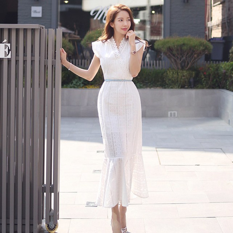 

ZAWFL Summer Ladies Sexy V-Neck Lace Patchwork Beach Dress Runway Women Ruffles Holiday Party Mermaid Dresses 210525, Picture color