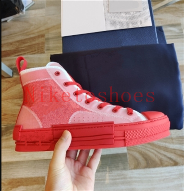 

19SS B23 HIGH-TOP SNEAKER Red Women Shoes Oblique canvas with transparent paneling Technical Lace-up Mens Classic casual shoe, 01