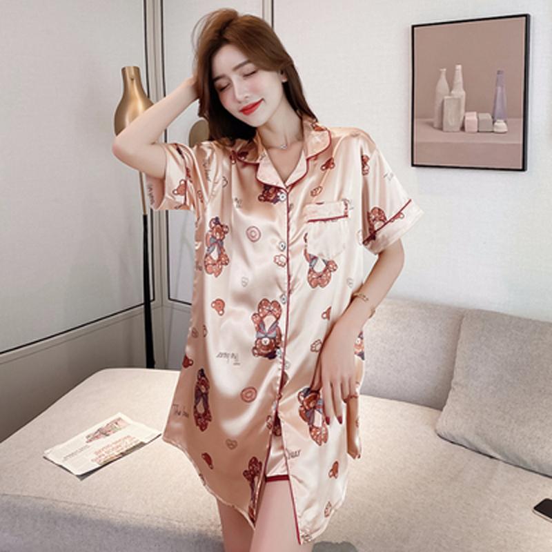 

Women's Sleepwear Summer Cartoon Print Silk Satin Nightgown Women Pajamas Set Sexy Girls Lapel Shirtdress+Shorts Soft Loose Homewear, 2134-1orange