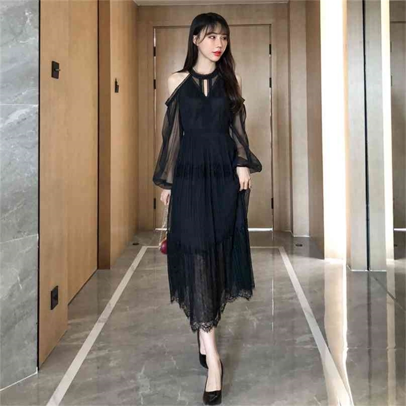 

Maxi Elegant Mesh Lace Sexy Long Women Dress Summer Evening Party Sleeve Halter Vestidos De Fiesta Black 210603, Blue