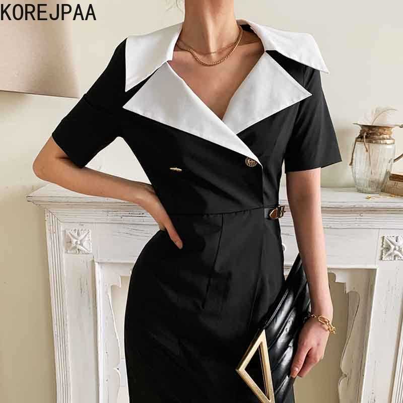 

Korejpaa Women Dress Summer French Elegant Lapel Metal Buckle Lace Two-Button Decoration Waist Short-Sleeved Split Vestidos 210526, Black