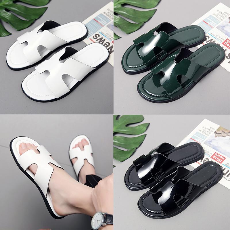 

Luxury Genuine Leather slipper Men H Brand designer Rubber Slides fashion Beach Flat Sandals Shiny Slippers Black white green outdoor home F, Extra payment