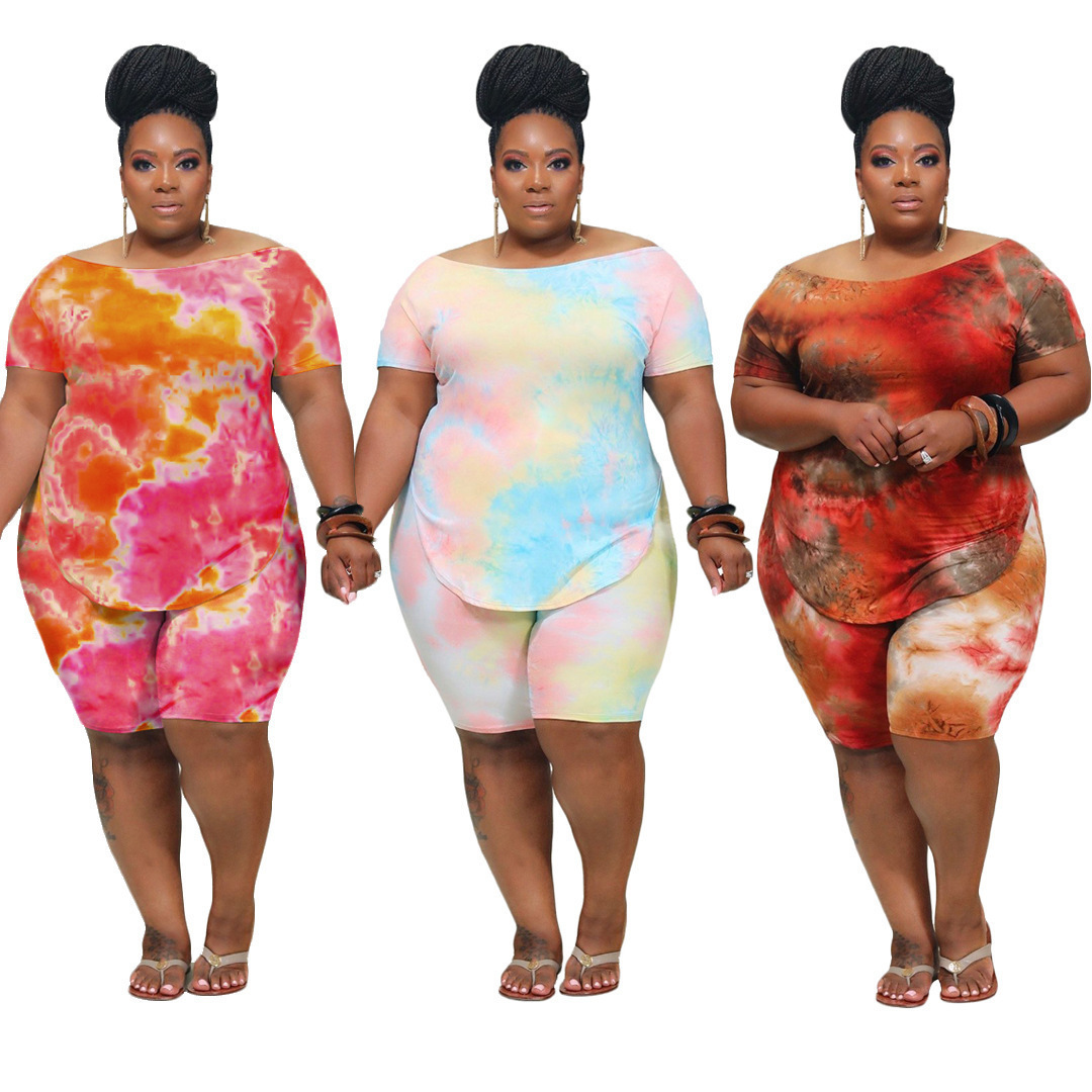 

Plus Size women short outfits 2 pieces set tracksuits xl-4xl summer women's casual tie dye printed pant suit 8333, 3. red rose orange tie dye