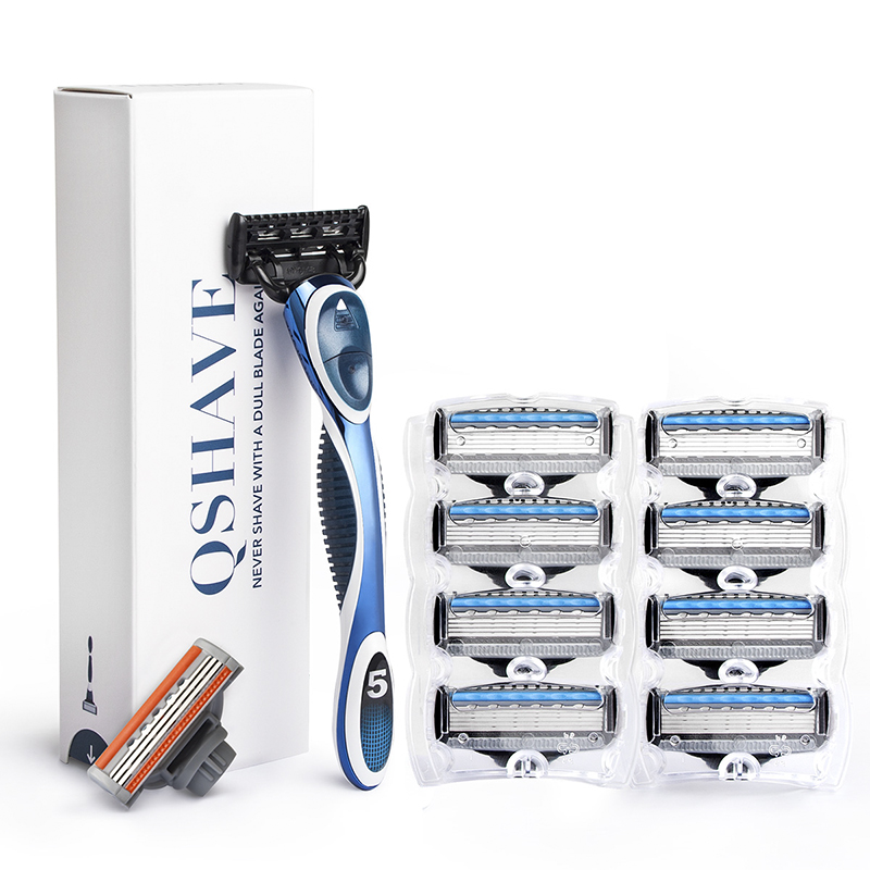 

QShave Blue Men Shaving Razor Can Design Your Name on Handle 1 Handle & 10 Cartridges(1pc X3 Blade 9pcs X5 Blade)