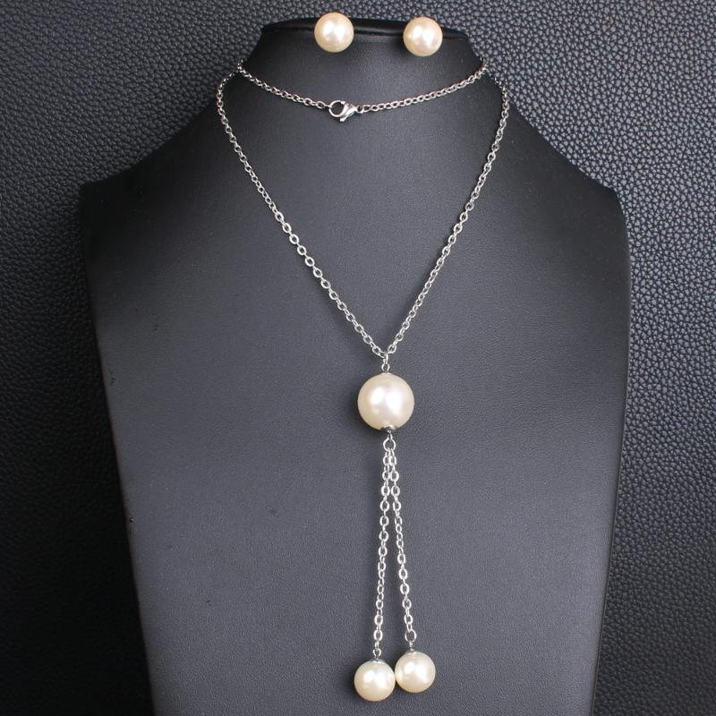 

Earrings & Necklace 70CM Gold Color Stainless Steel Ball Pendant And Stud Jewelry Set Sweater Chain For Women Wholesale SGIAAABA, Silver