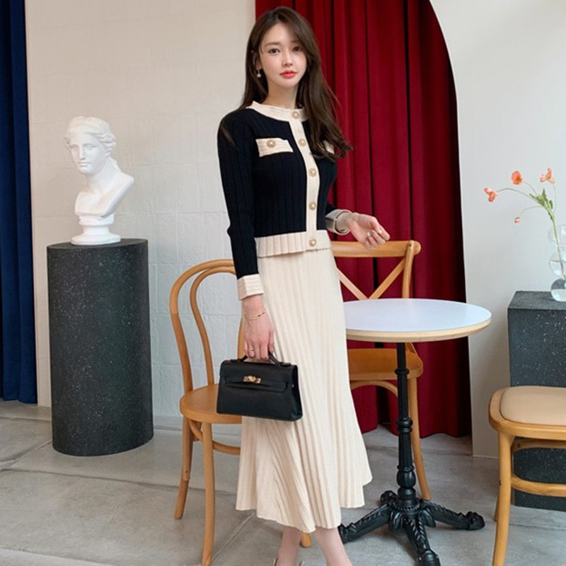 

ZAWFL Women Single Button Knit Cardigans+Pleated High Wasit Maxi Skirts 2PCS Set Autumn Winter Skirt Suits 210525, Picture color