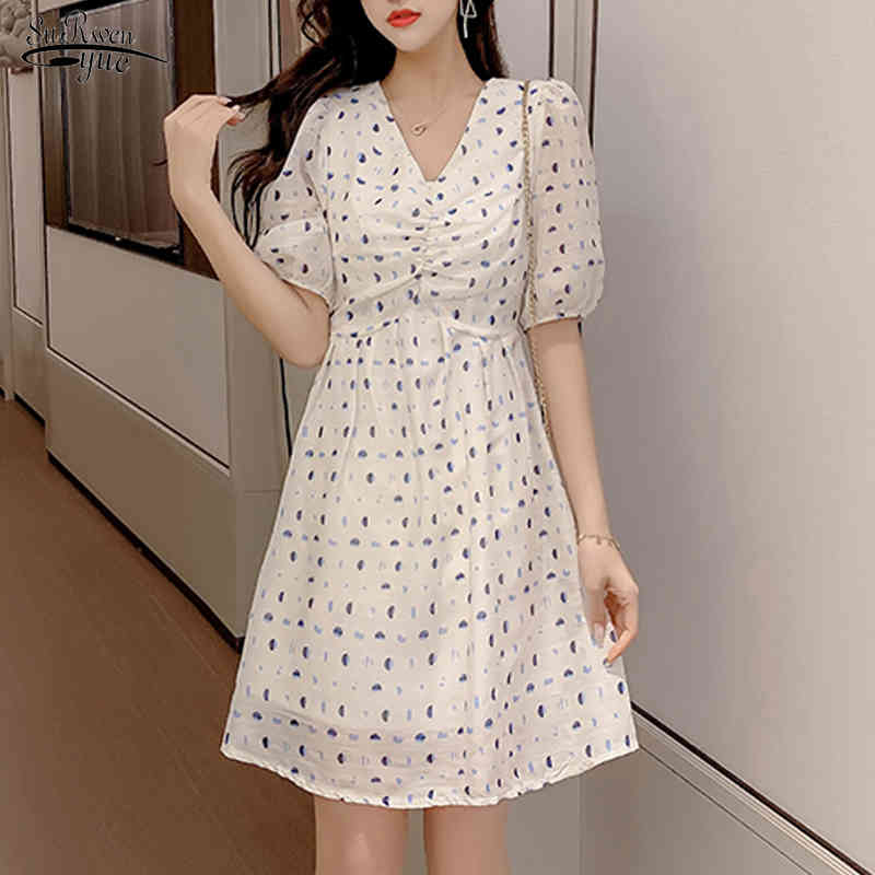 

Summer Casual Dresses Lantern Sleeve Fashion Print Women Short Sweet Knee Length V-neck Robe 14087 210521, Picture color
