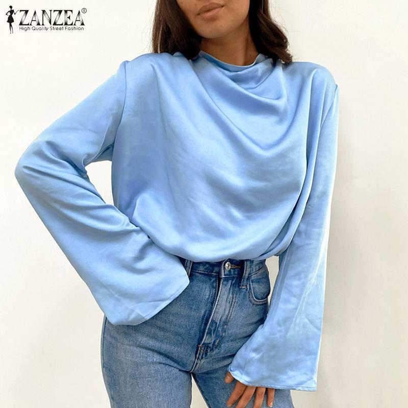 

Women' Blouses & Shirts 2022 Autumn Women Satin Tops Floral Sleeve Blouse Casual Solid O-neck Tunic Fashion Office Lady Loose Blusa, Beige