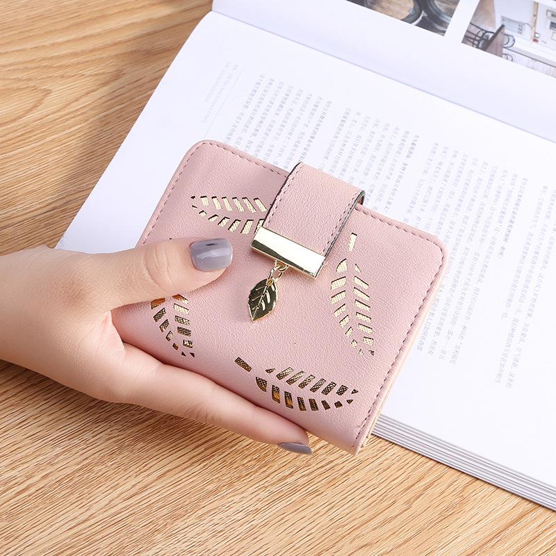 

Womens Purse Zipper Leather Ladies Wallet Women Luxury Brand Small Female Wallet Hollow Leaves for Credit Cards, Red;black