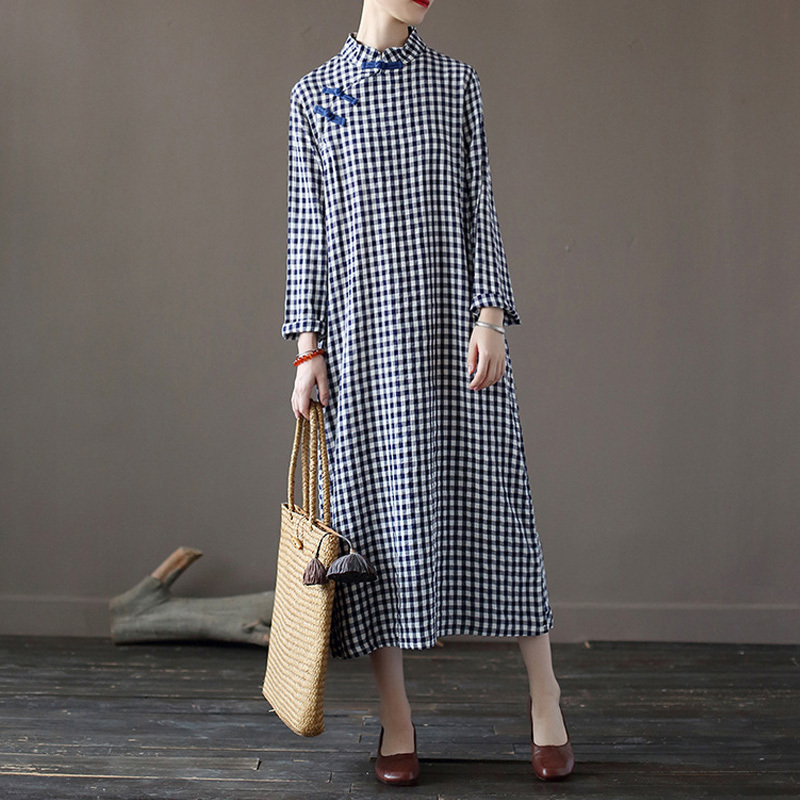 

Johnature Women Chinese Style Dresses Stand Long Sleeve Plaid Button Cheongsam Autumn Cotton Linen Female A-Line Dress 210521