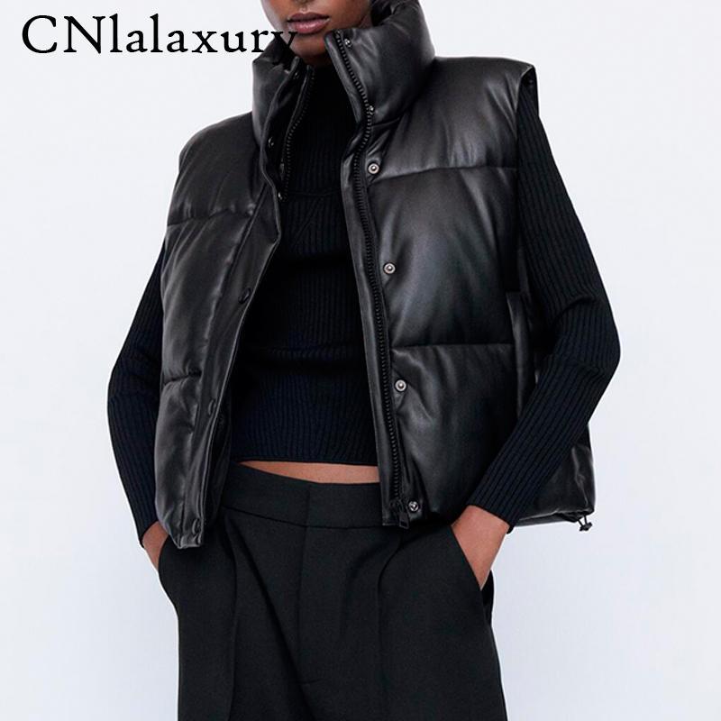 

black stand collar vests women fashion zipper pu leather coats female elegant autumn winter short outerwear female ladies parkas