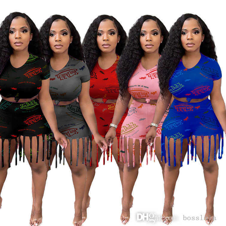 

2022 trends Summer Women Tracksuit New Designer Fashion Women' Round Neck Letter Printed Short Sleeve Tassel Shorts Casual Slim Two-piece Sets, Pink