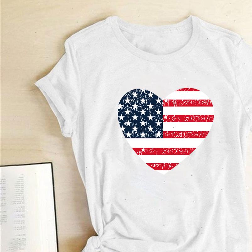 

heart american national flag print womens t shirt summer graphic tee fashion loose crew neck harajuku top, White